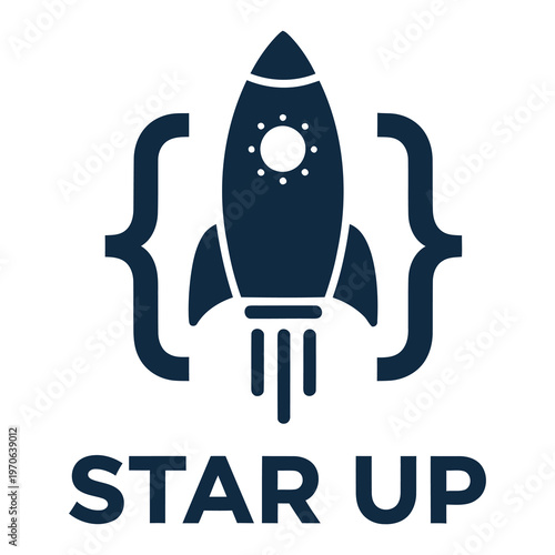 Rocket ship with curly braces and star up text icon