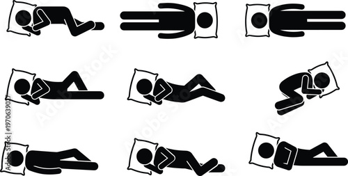 Sleeping position silhouette illustration, sleep posture icon design, rest comfort artwork, health habit graphic, bedtime relaxation symbol, night sleep emblem