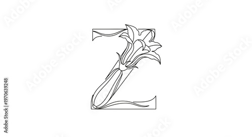 Elegant Letter Z with Zucchini Flower and Vine - Outline Art