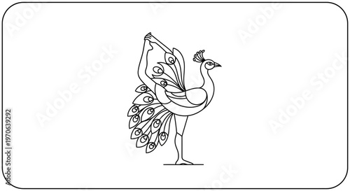 Elegant Peacock Yoga Pose Line Art Illustration - Stylized Bird in Natarajasana