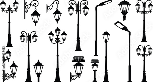 Street lamp silhouette illustration, vintage lantern design, modern urban lighting artwork, architectural outdoor icon, decorative streetlight graphic, classic contemporary symbol