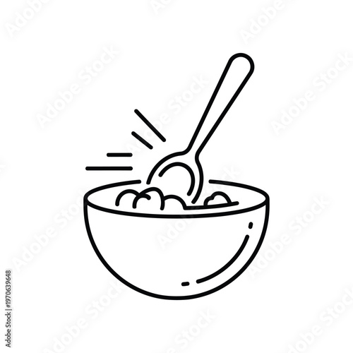 Cereal bowl with spoon line icon representing healthy breakfast meal morning porridge or oatmeal serving isolated on white for diet plans nutrition guides and restaurant menu illustrations.