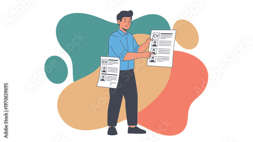 Man reviewing CVs for job hiring, recruitment process, human resources concept