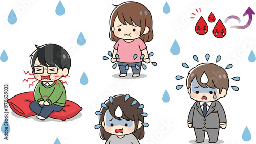 This illustration effectively captures common symptoms related to health and wellness in a relatable, character-driven style. Here is your optimized metadata: