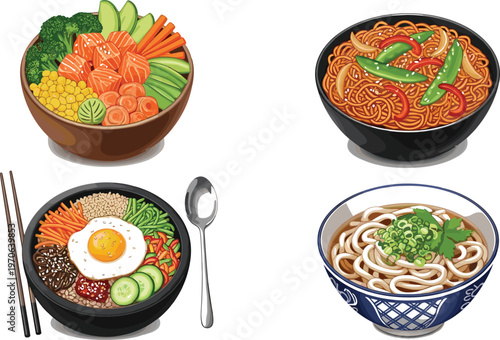 Asian Cuisine Bowl Dishes Illustration Set with Bibimbap, Spaghetti Noodles, Udon Soup and Salmon Vegetable Rice Vector Collection