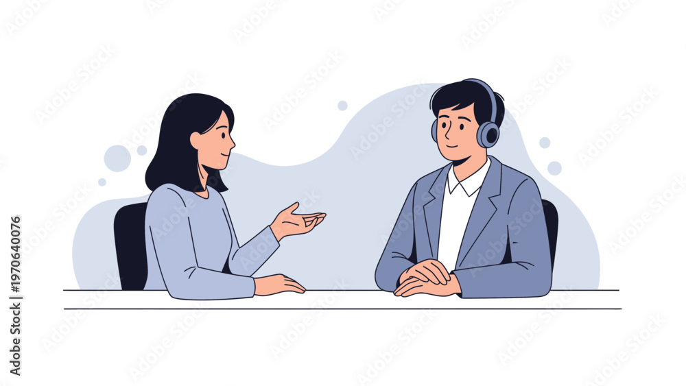 Obraz premium Two people in a conversation, one wearing headphones, illustration