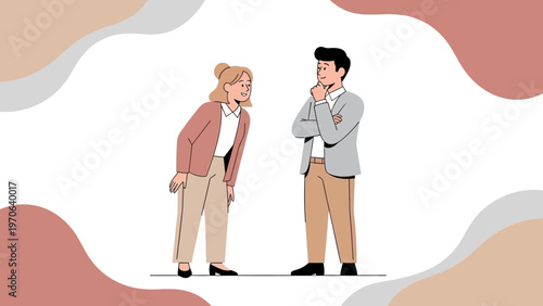 Business meeting, man and woman discussing ideas, modern flat illustration