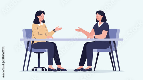 Two women in business meeting, discussing ideas at a table, professional illustration