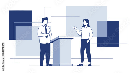 Business meeting debate or presentation with two people at a podium, modern flat design