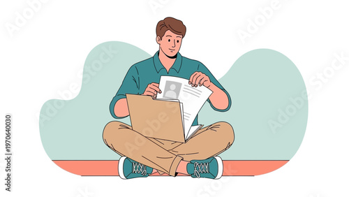 Man Sitting Cross-legged with Laptop and Documents, Working Remotely