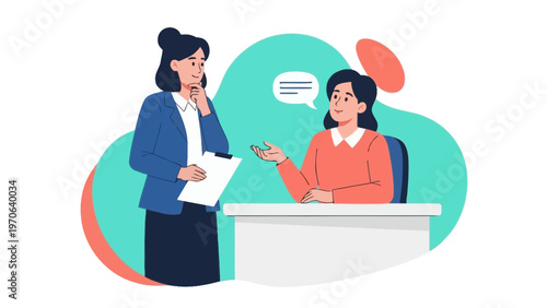 Two women in business meeting, one interviewing the other, communication concept