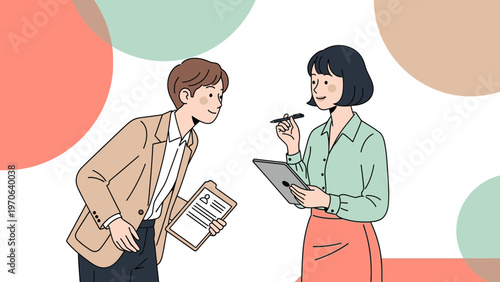 Job Interview: Candidate presents resume to interviewer, modern flat illustration