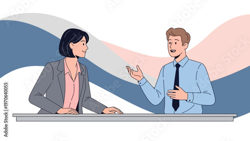 Business meeting: man and woman discussing ideas at table, professional collaboration, office environment