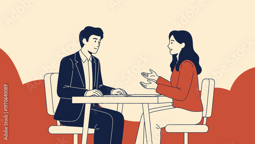 Business meeting, two professionals discuss project at table, modern flat illustration