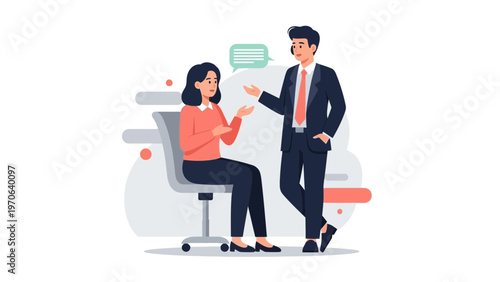 Business meeting: woman sitting, man standing, discussing ideas, office setting, flat design
