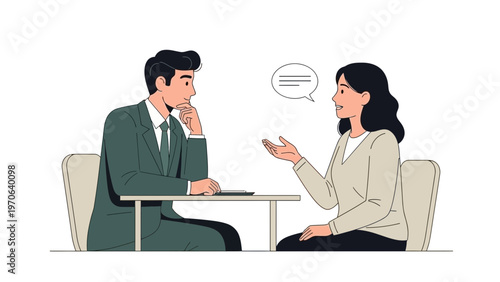 Business meeting: man and woman discussing ideas at table, communication concept