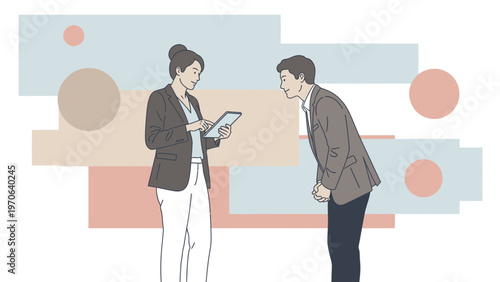 Businesswoman shows tablet to bowing businessman, abstract background