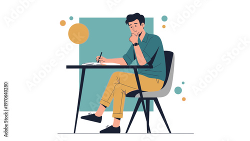 Young Man Studying at Desk, Writing Notes in Notebook, Focused Expression