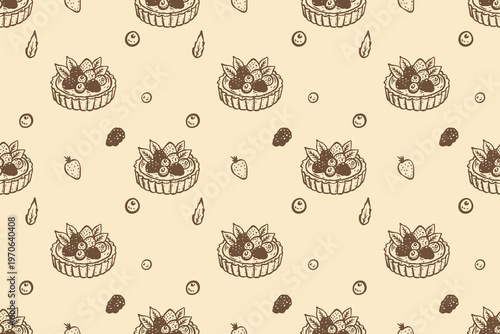 Elegant seamless fruit tart and pastry pattern. Detailed hand-drawn sketch for patisserie branding and menu design.