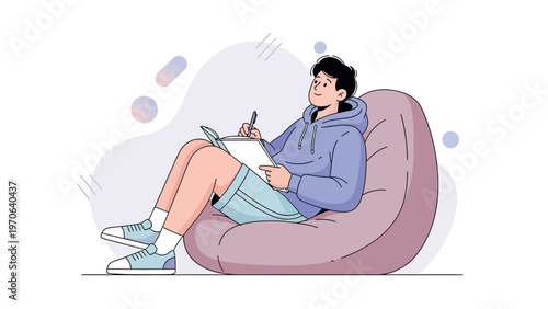 Young man sitting on bean bag chair, writing and thinking, creative inspiration, comfortable lifestyle