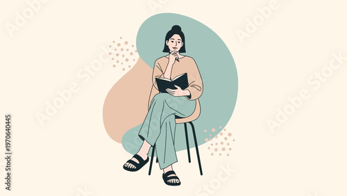 Woman Reading Book Sitting Chair Abstract Shapes Minimalist Illustration