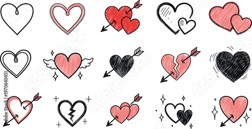 Heart Symbol Vector Set with Arrows, Wings, Broken Hearts, and Sketchy Designs