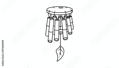 Bamboo Wind Chime with Leaf Decoration - Line Art Illustration