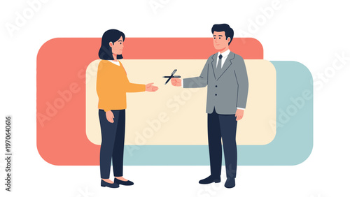 Business meeting: man gives pen to woman for signing contract, agreement, deal