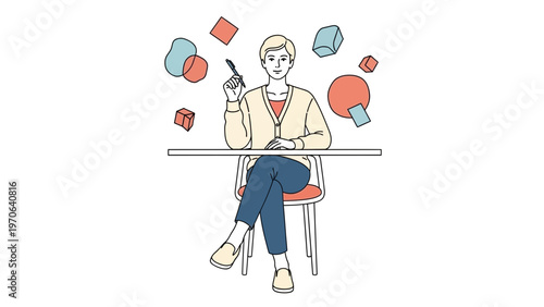 Man sitting at desk with floating abstract shapes, creative thinking concept