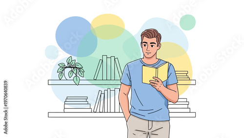Young Man Reading Book Near Bookshelf with Plant and Colorful Bubbles