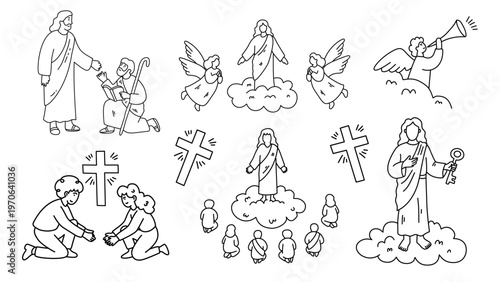hand drawn collection of jesus christ blessing people and rising to heaven