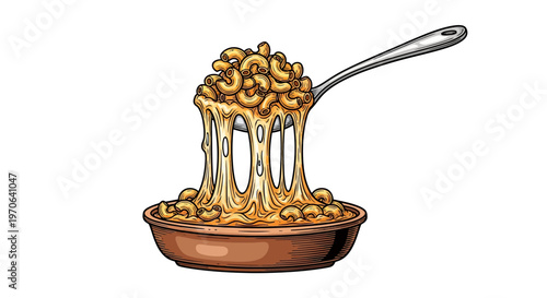 mac and cheese illustration with melting cheesy pasta in pan