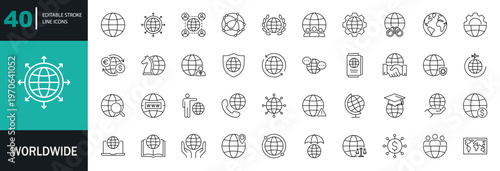 Worldwide icon set. Containing globe, world, international, global, earth, network, sphere, planet, citizen, business, population, and more. Editable line icons. Vector illustration.