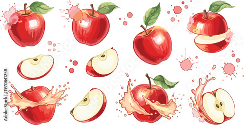 Juicy red apple set watercolor splash fresh fruit whole and sliced healthy food vector illustration collection