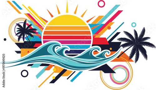 Retro sunset beach wave illustration with palm trees geometric shapes vibrant summer ocean vintage style design