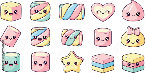 Foto Kawaii Candy and Sweet Treat Icon Set with Marshmallows, Lollipops, and Cute Can