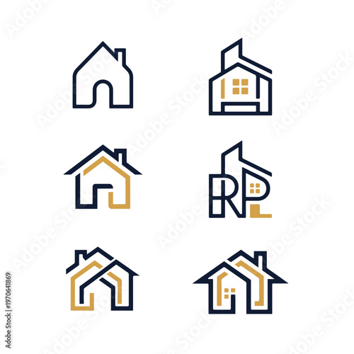 Real estate logo design collection, house and home line art icons set, construction and property corporate identity branding.
