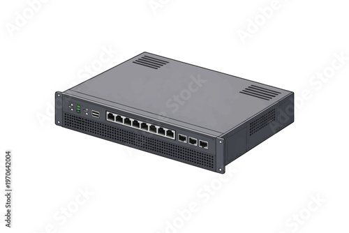Professional illustration of a compact, rack-mountable network security hardware device designed for robust data center infrastructure and enterprise connectivity solutions