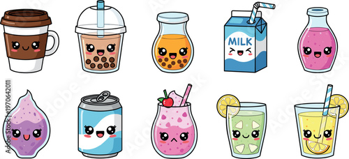 Kawaii Drink Icon Set Featuring Milk, Bubble Tea, Smoothies, Soda, and Lemonade in Cute Expressions for Beverage Designs