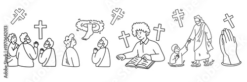 Horizontal banner collection of various biblical scenes and jesus christ teaching people