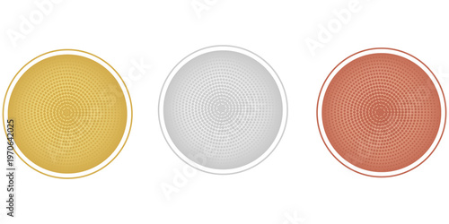 Award golden, silver and bronze blank medals 3d vector realistic illustration. First, second and third place medals or buttons isolated on white background. Vector Illustration