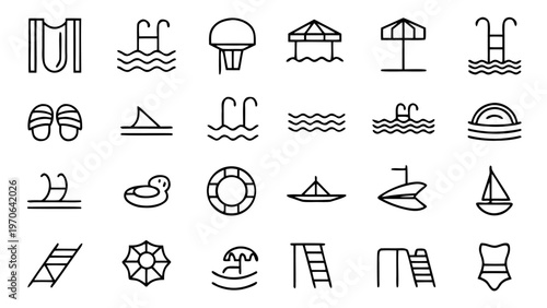 A comprehensive collection of forty-five minimalist outline icons featuring various water park slides and inflatable tubes organized in a grid.