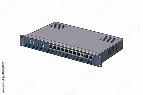 Professional network monitoring appliance illustration depicting the front panel with multiple Ethernet ports and various connectors for robust data connectivity and system management