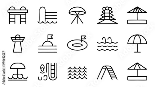 A detailed set of forty-five linear vector icons depicting professional swimming pool equipment and facility amenities in a neat arrangement.