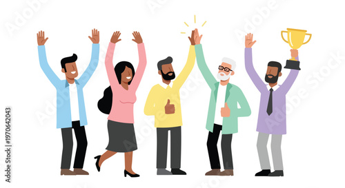 A diverse team of colleagues celebrates a major success with raised arms, high-fives, and a golden trophy for their collective achievement.