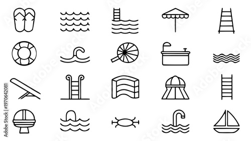 A professional series of forty-five thin line icons showing water safety equipment and emergency rescue tools for aquatic centers on white.