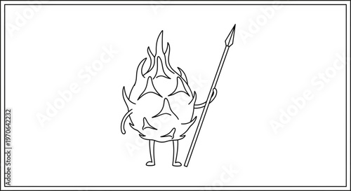 Dragon Fruit Warrior Character with Spear, Funny Cartoon Style