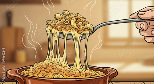 mac and cheese dish with melted cheesy pasta being served with fork