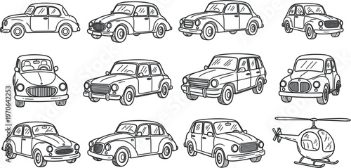 Vintage classic cars collection hand drawn outline retro vehicles set old automobile line art transport illustration