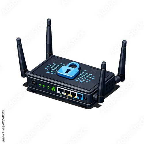 Robust Wireless Internet Router Illustration Featuring Cybersecurity Padlock for Network Protection and Data Safety in the Digital Age